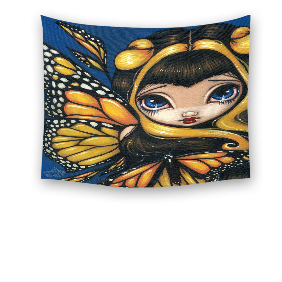 Big Eyed Cute Fairy Golden Butterflies Wall Decor Tapestry