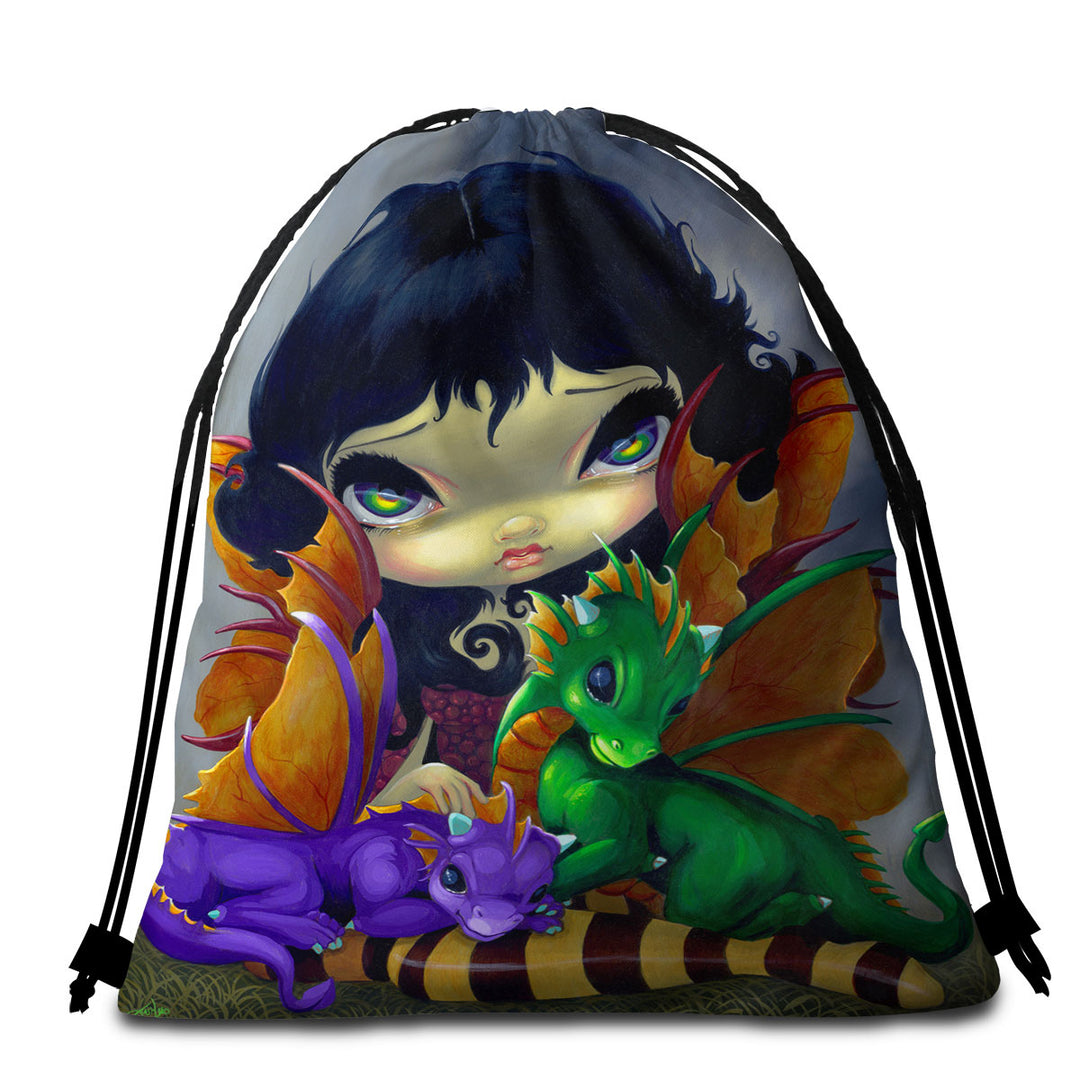 Big Eyed Dragon Fairy and Her Two Cute Dragonlings Beach Towel Bags