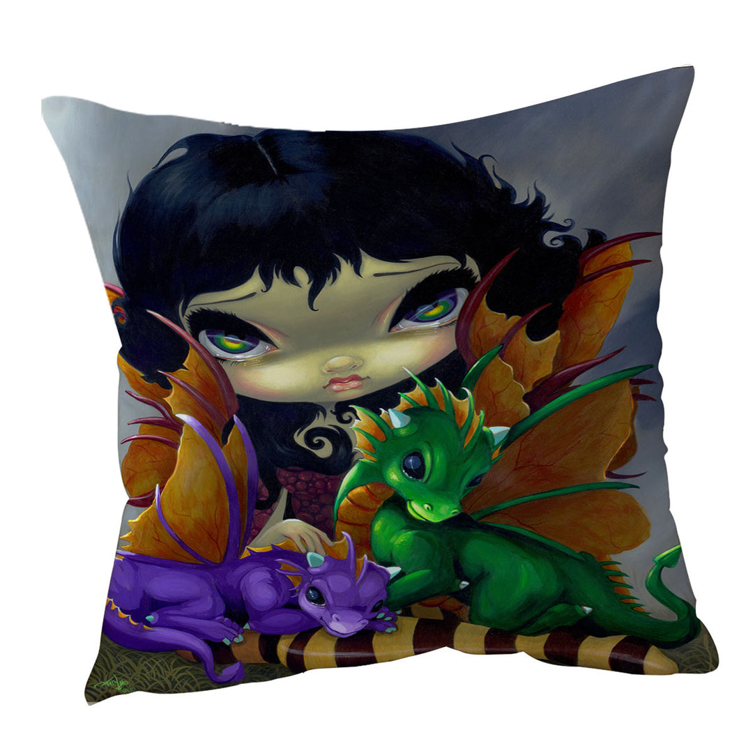 Big Eyed Dragon Fairy and Her Two Cute Dragonlings Cushion