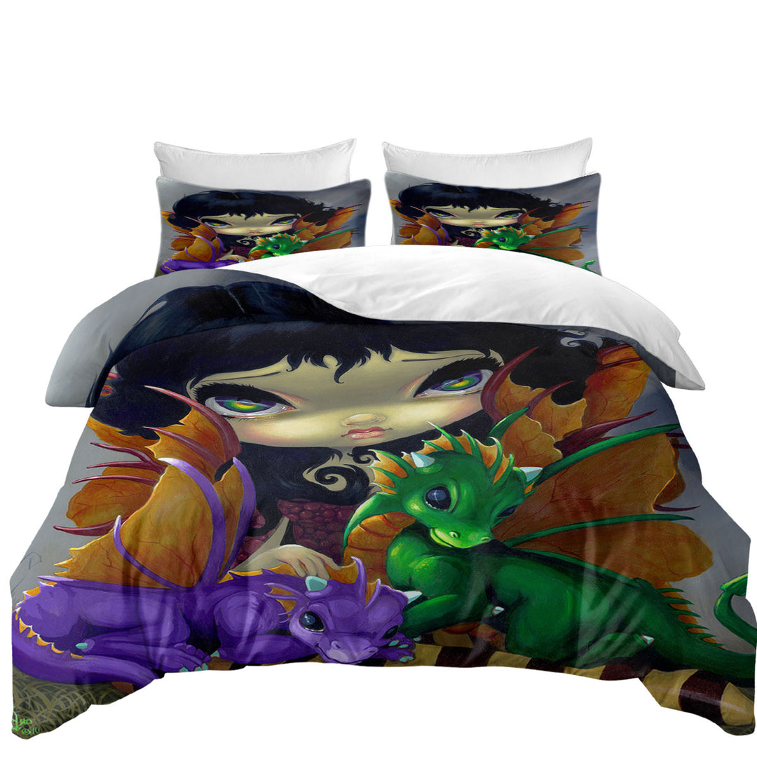 Big Eyed Dragon Fairy and Her Two Cute Dragonlings Duvet Cover