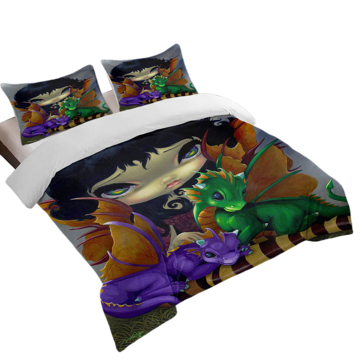 Big Eyed Dragon Fairy and Her Two Cute Dragonlings Duvet Covers