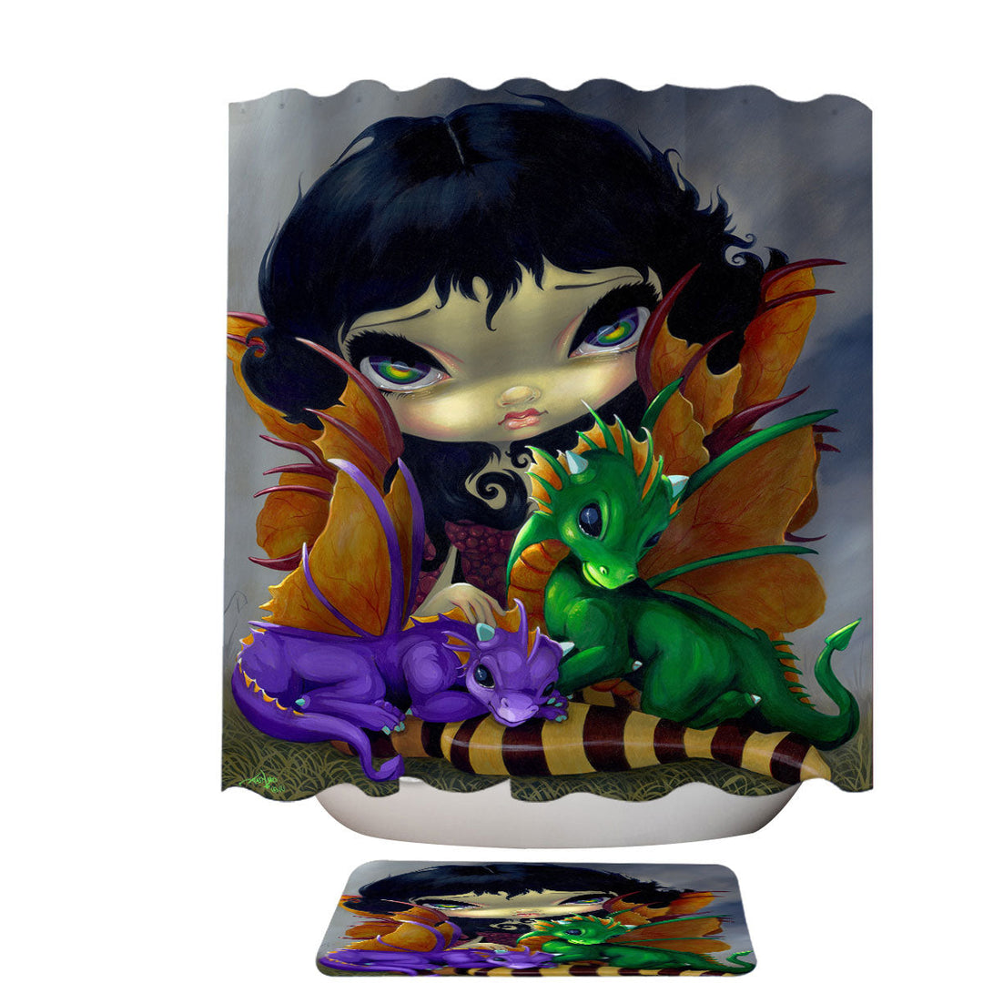 Big Eyed Dragon Fairy and Her Two Cute Dragonlings Shower Curtain