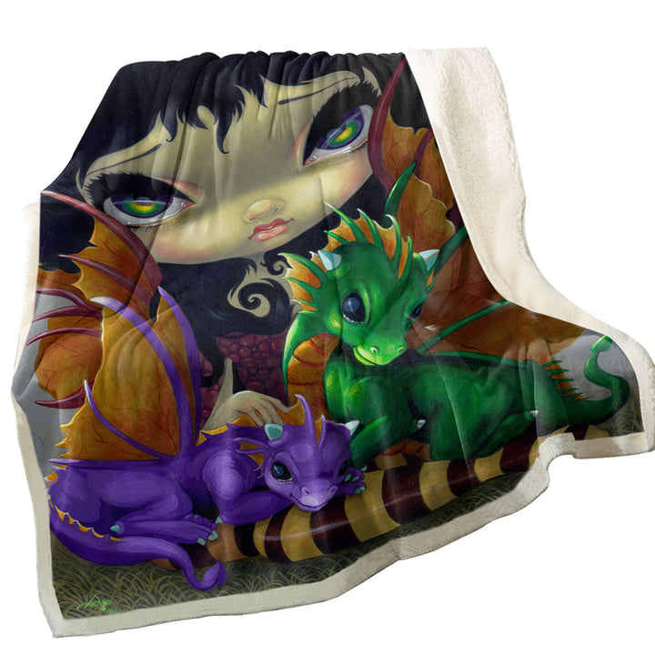 Big Eyed Dragon Fairy and Her Two Cute Dragonlings Throw Blanket