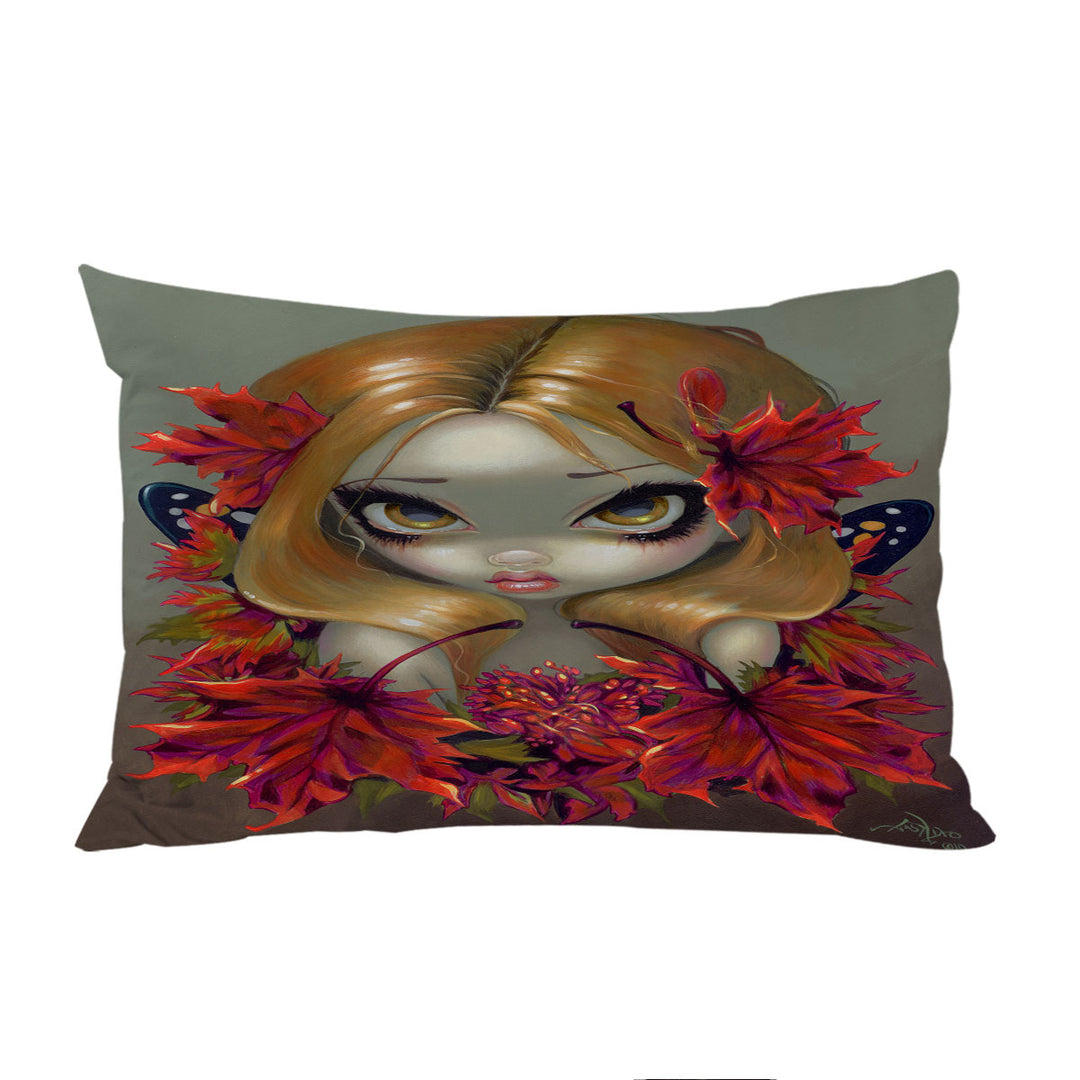 Big Eyed Fairy Portrait the Red Maple Leaves Fairy Pillow Cases