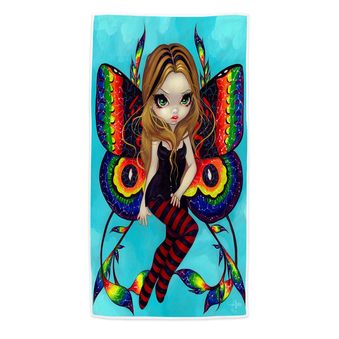 Big Eyed Fairy with Vibrant Colorful Vivid Wings Beach Towel