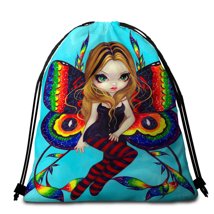 Big Eyed Fairy with Vibrant Colorful Vivid Wings Beach Towels for Girls