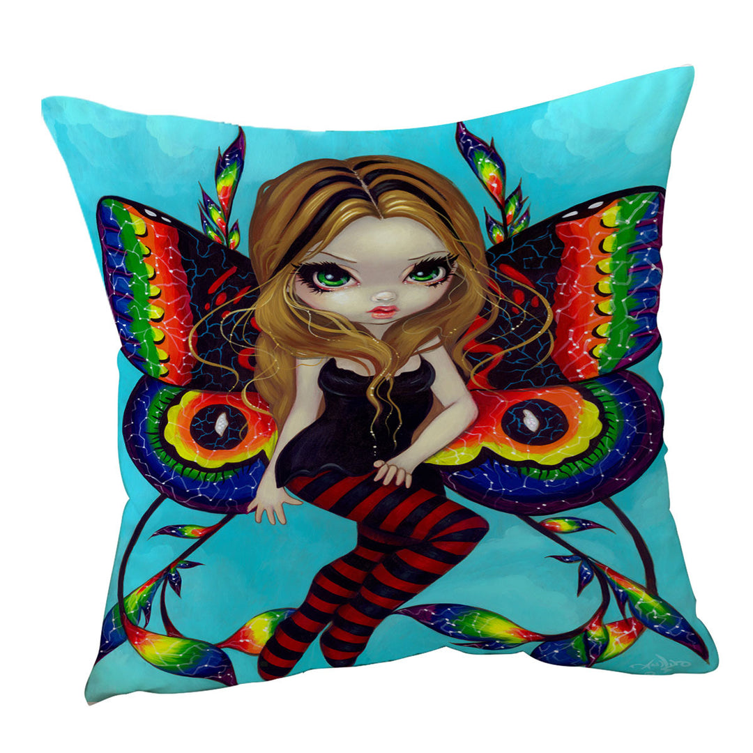 Big Eyed Fairy with Vibrant Colorful Vivid Wings Cushion Cover