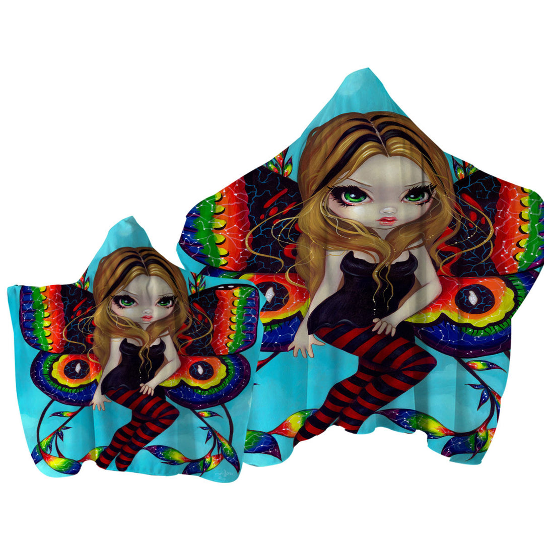 Big Eyed Fairy with Vibrant Colorful Vivid Wings Hooded Beach Towel