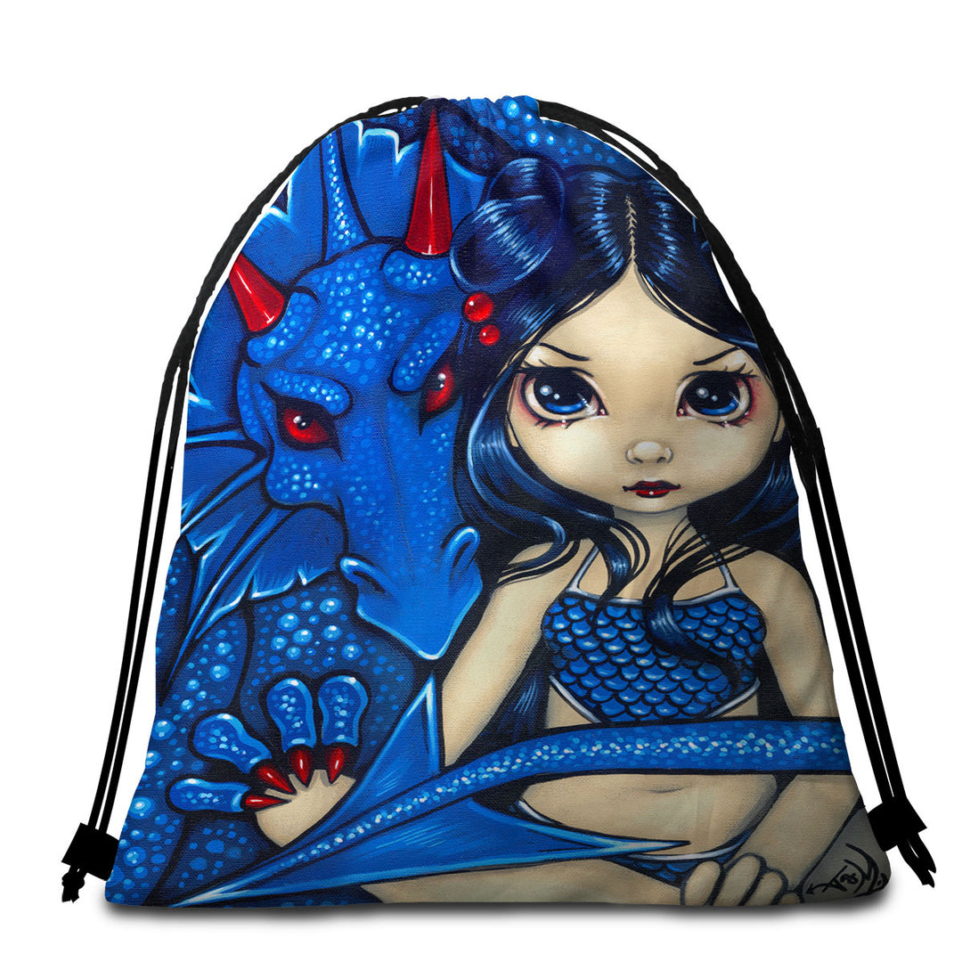 Big Eyed Girl and Blue Dragon Beach Towel for Girls