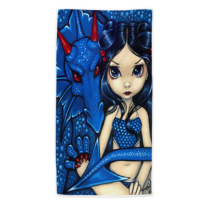 Big Eyed Girl and Blue Dragon Beach Towel