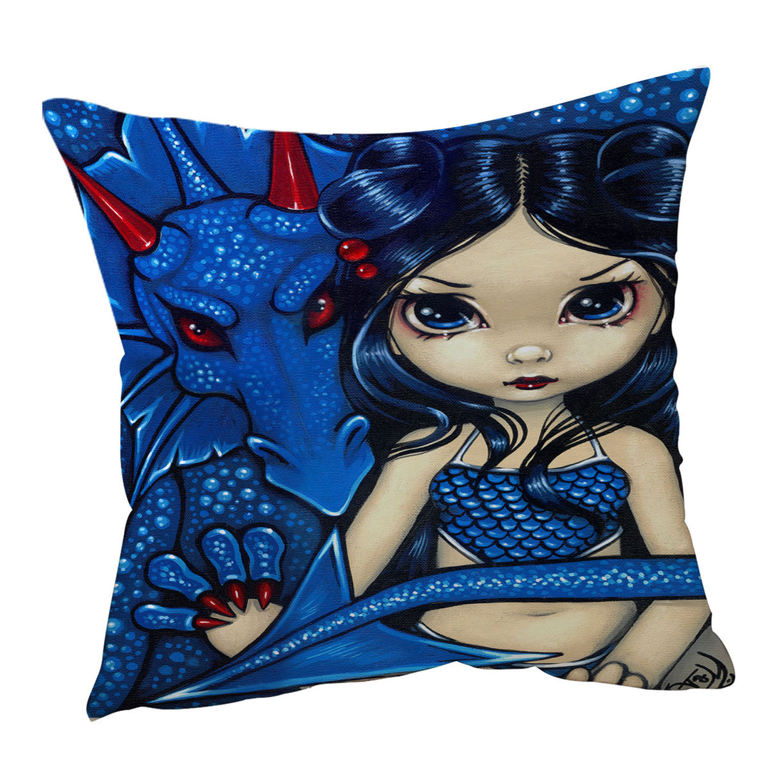 Big Eyed Girl and Blue Dragon Cushion