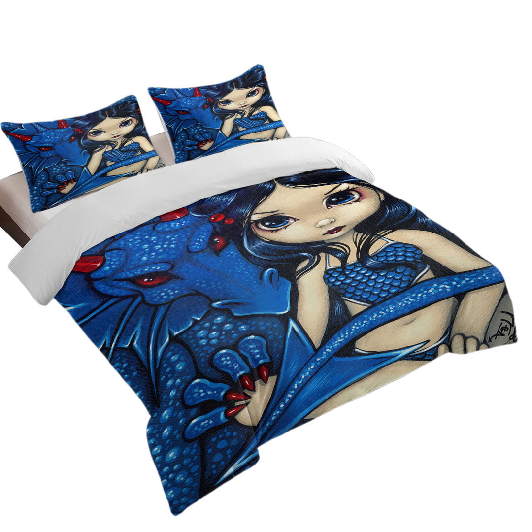 Big Eyed Girl and Blue Dragon Duvet Cover Queen