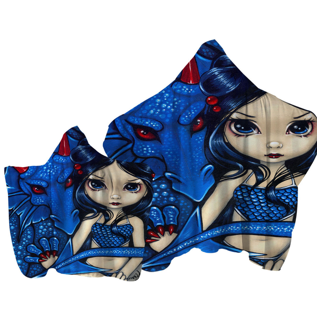 Big Eyed Girl and Blue Dragon Hooded Beach Towel