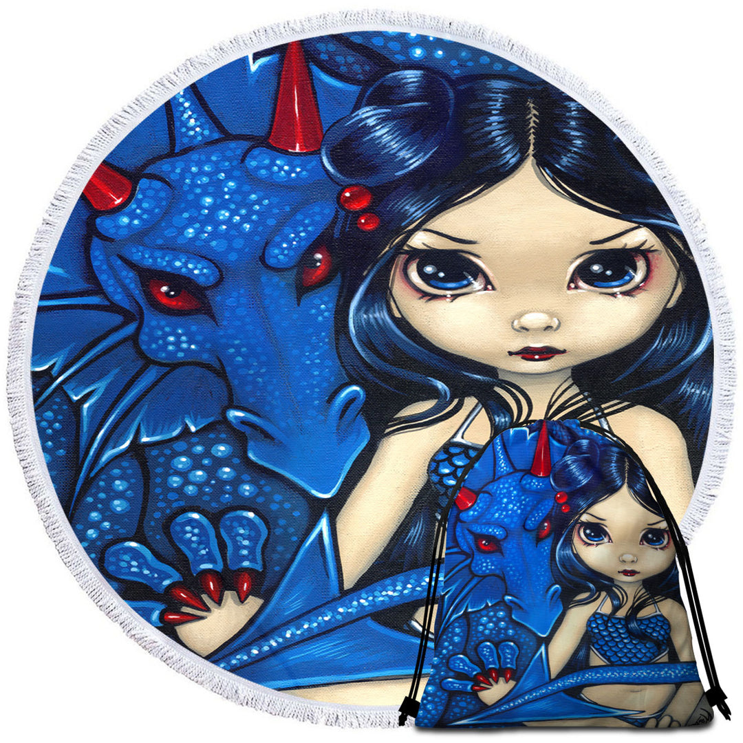 Big Eyed Girl and Blue Dragon Round Beach Towel