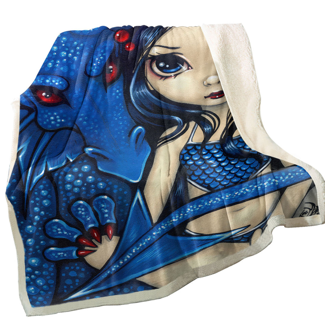 Big Eyed Girl and Blue Dragon Sherpa Blanket