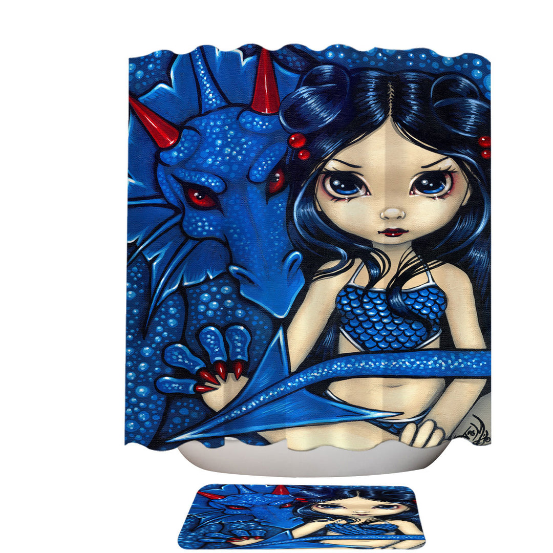 Big Eyed Girl and Blue Dragon Shower Curtain