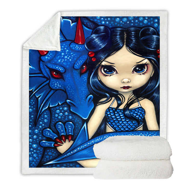 Big Eyed Girl and Blue Dragon Throw Blanket