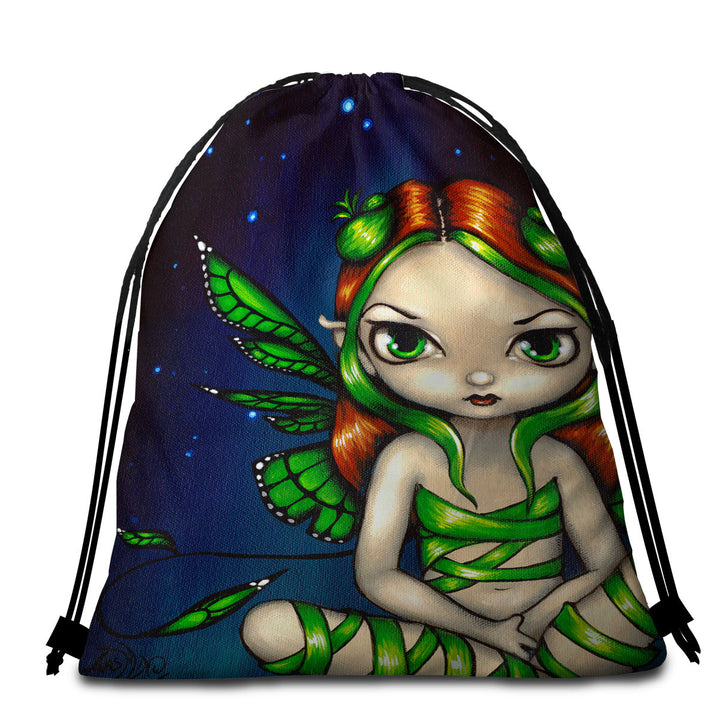 Big Eyed Green Ribbon Fairy Beach Towels on Sale