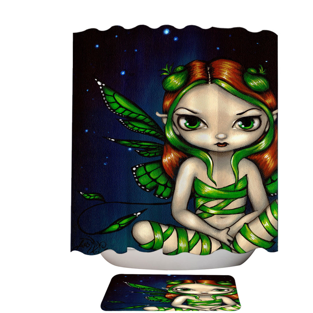 Big Eyed Green Ribbon Fairy Shower Curtains Made of Fabric