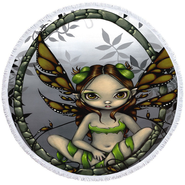 Big Eyed Hazel Fairy in the Forest Circle Beach Towel