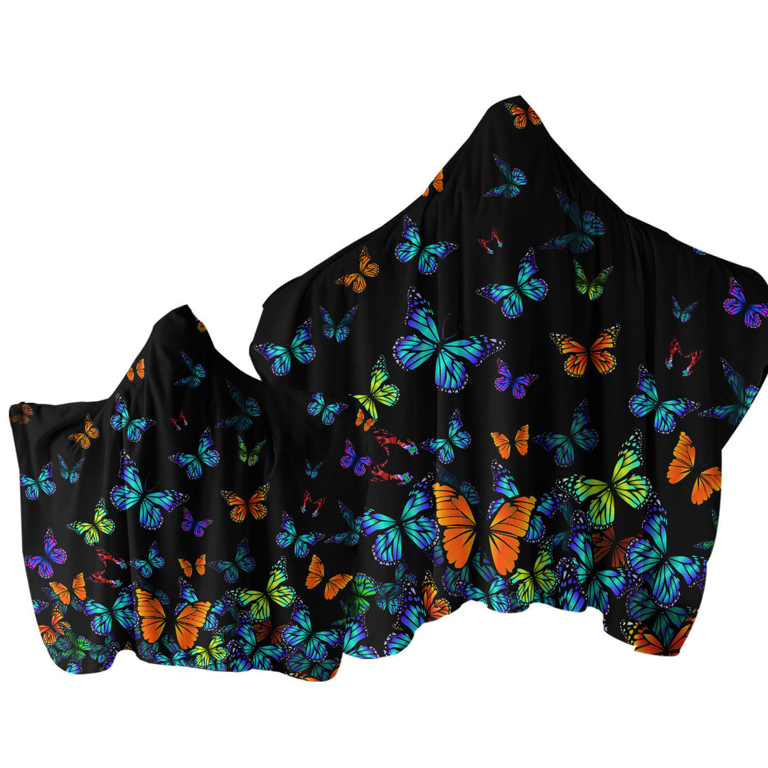 Black Background Colorful Butterflies Hooded Beach Towel