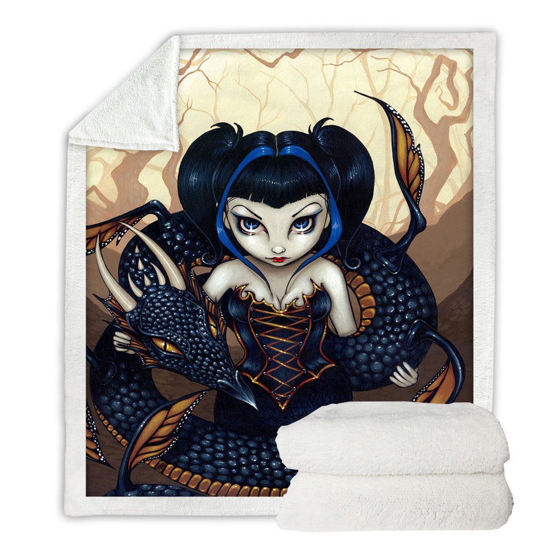 Black Dark Dragon Gothic Beautiful Girl Couch Throws