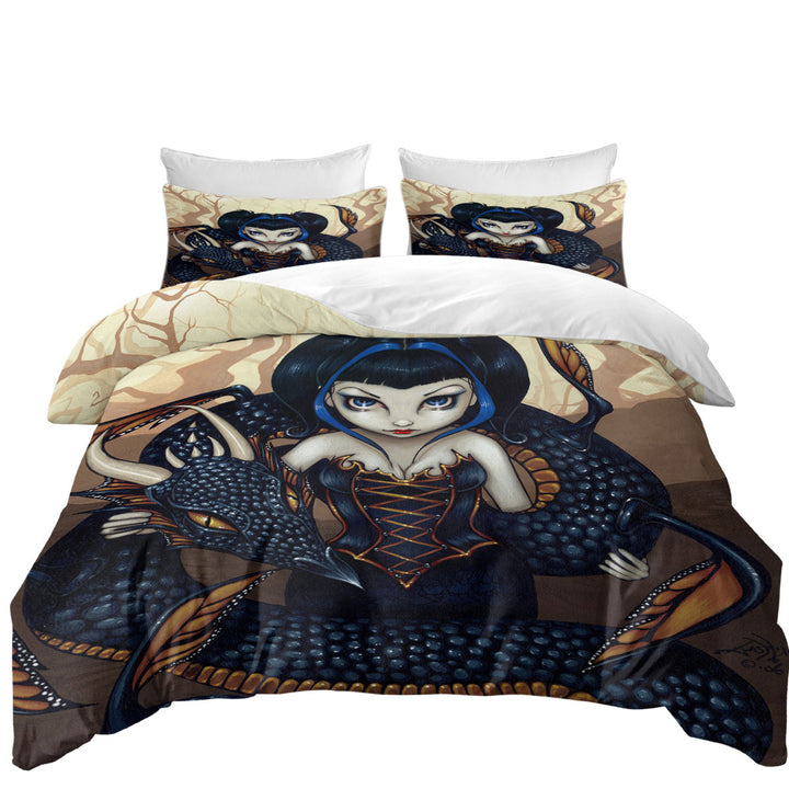 Black Dark Dragon Gothic Beautiful Girl Duvet Cover