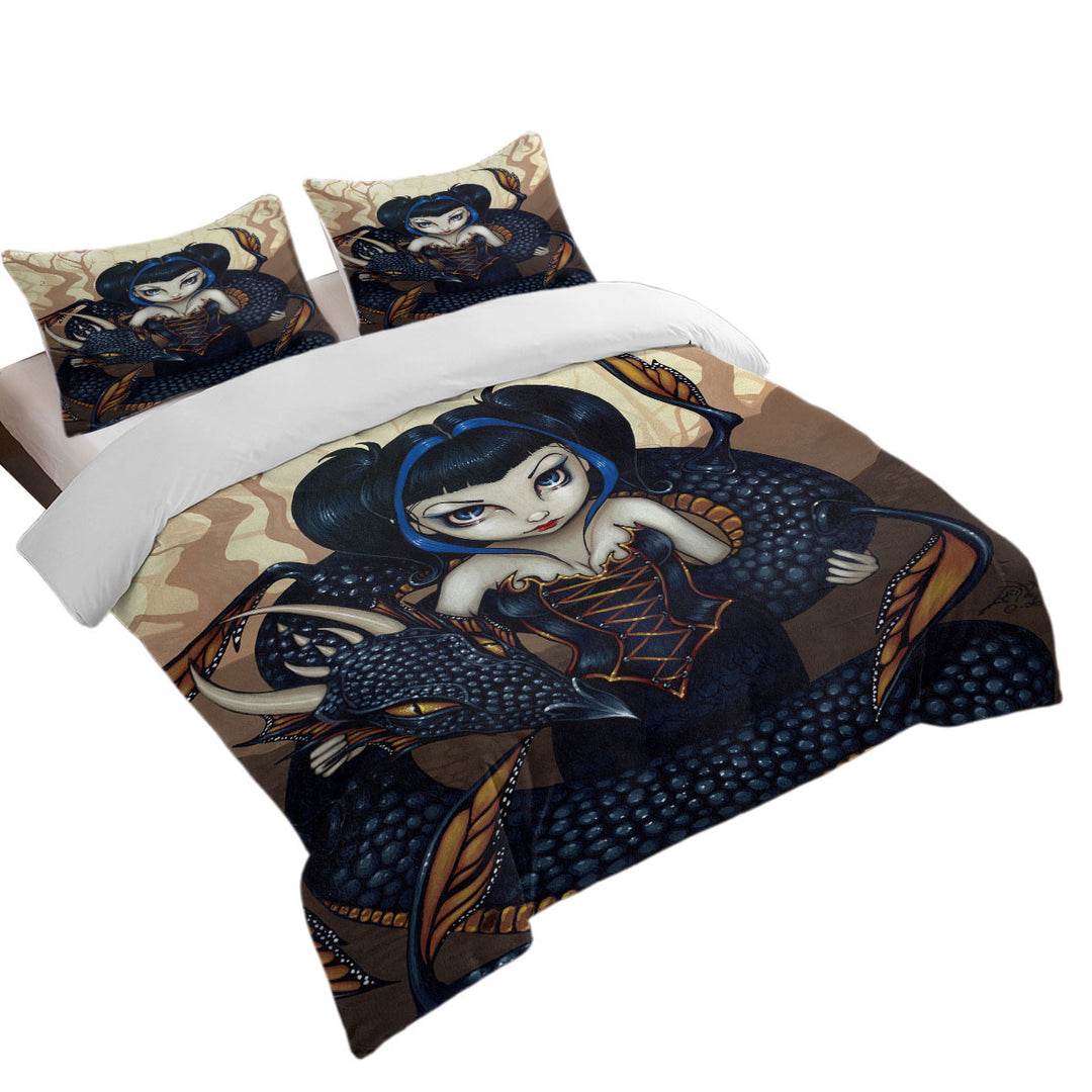 Black Dark Dragon Gothic Beautiful Girl King Quilt Cover