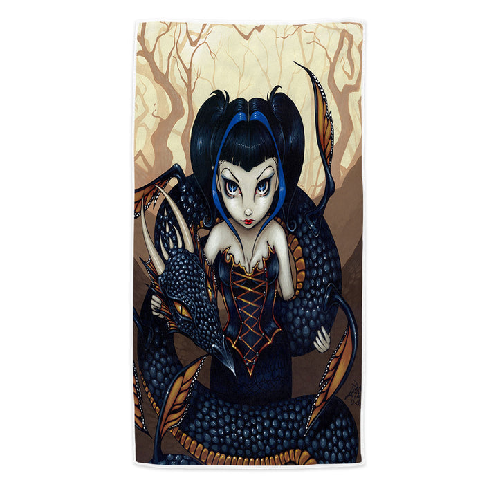 Black Dark Dragon Gothic Beautiful Girl Microfibre Beach Towels