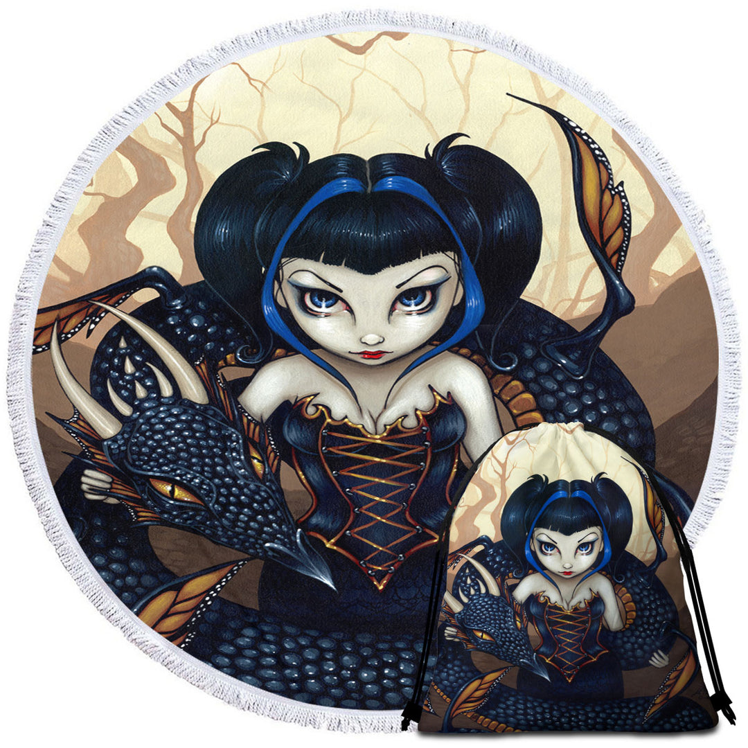 Black Dark Dragon Gothic Beautiful Girl Round Beach Towel