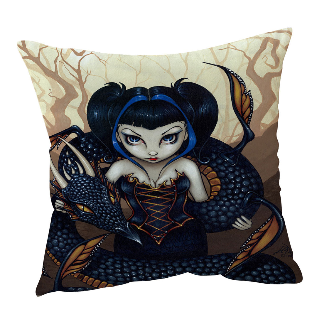 Black Dark Dragon Gothic Beautiful Girl Throw Pillow