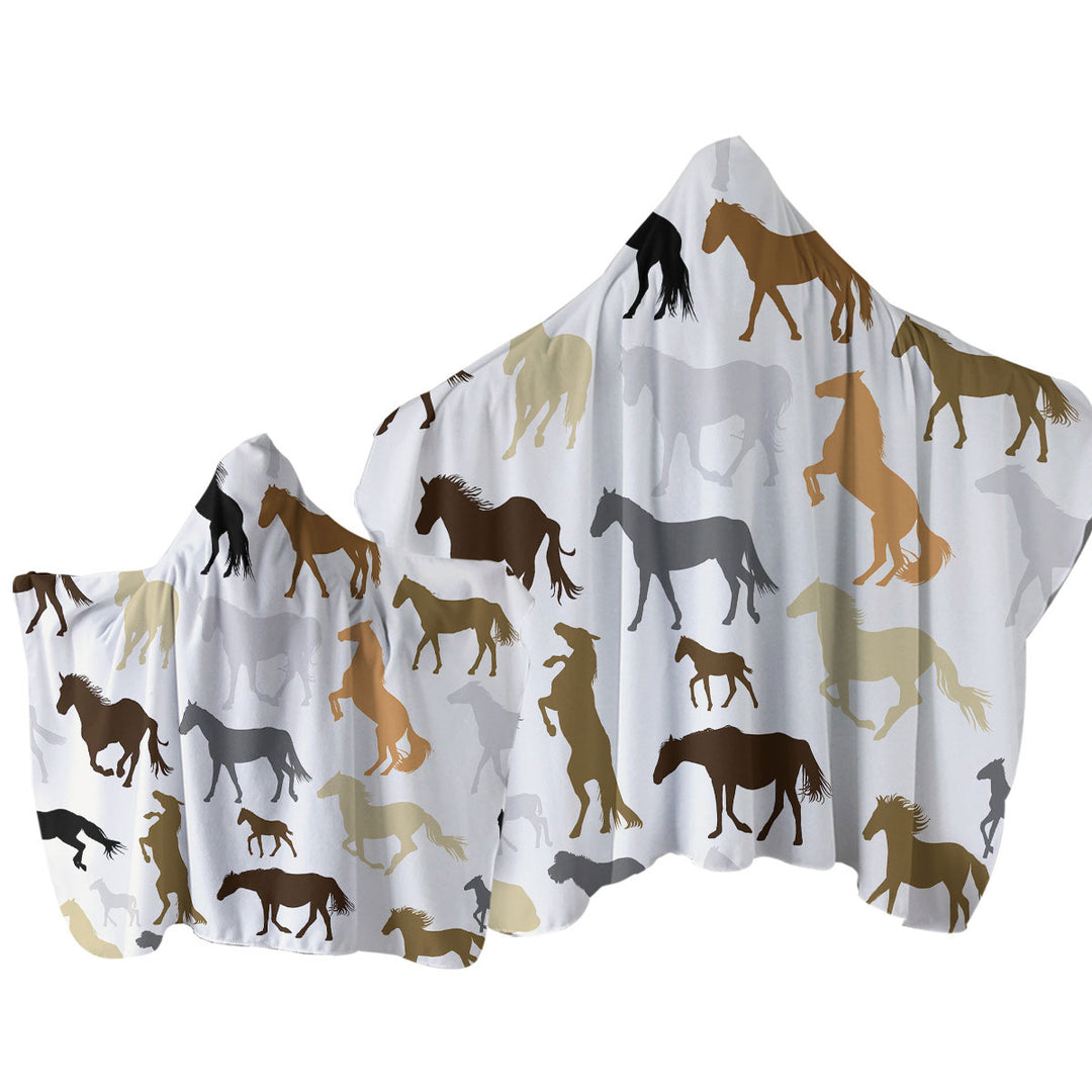 Black Grey Brown Beige Horses Pattern Hooded Beach Towel