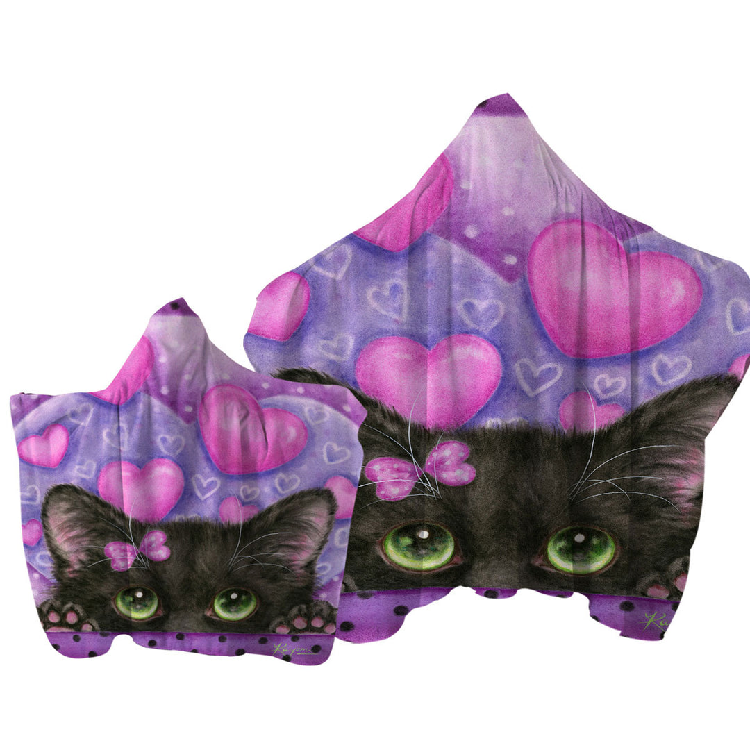 Black Kitten Cat in Love Hearts on Purple Towel with Hood