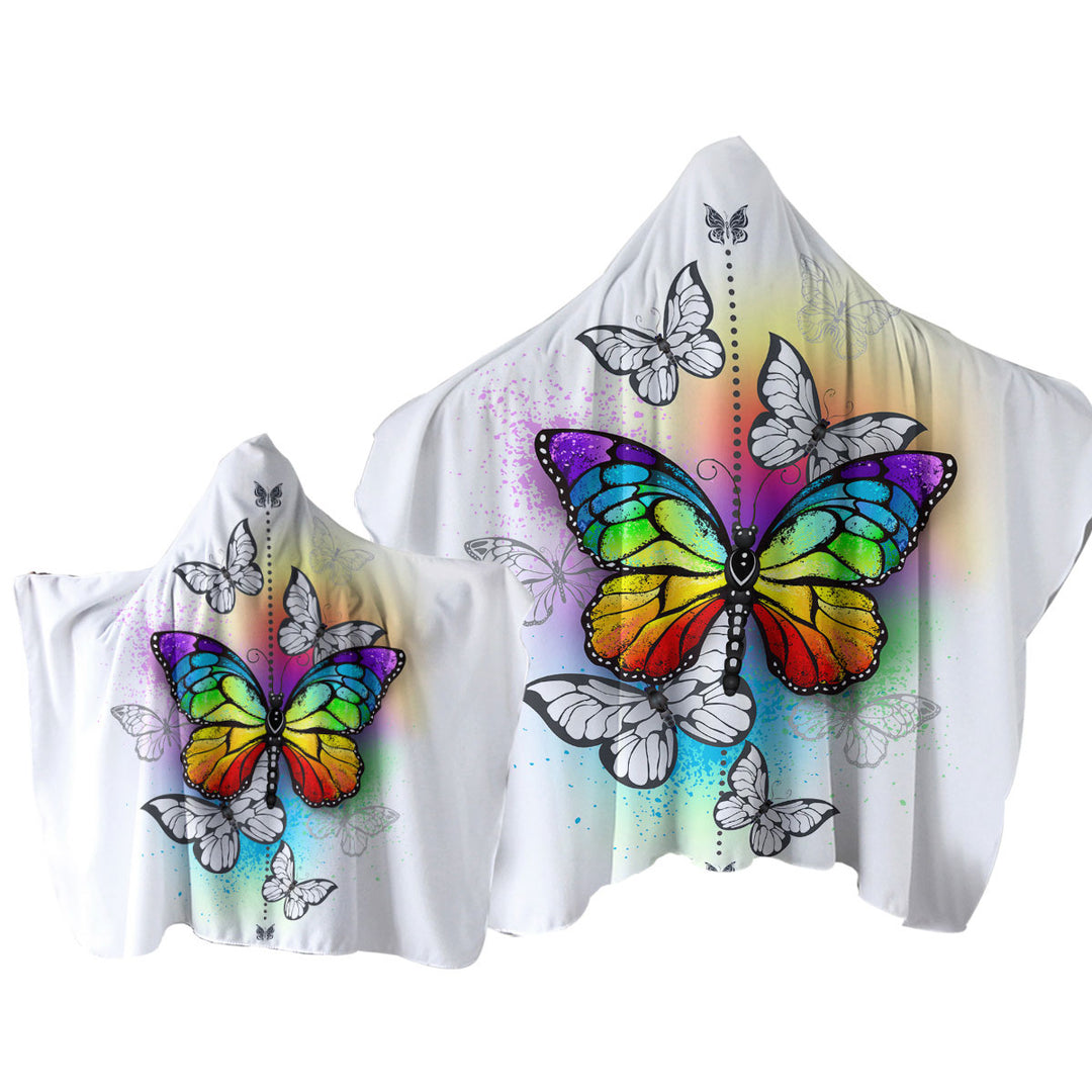 Black White and Rainbow Butterflies Hooded Beach Towel