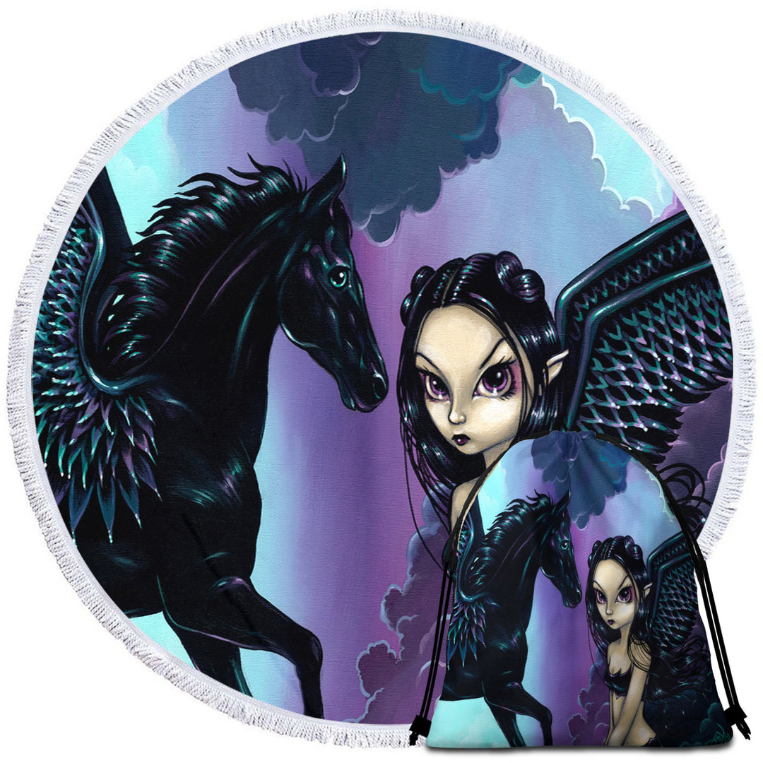 Black Wings Fairy and Dark Pegasus Circle Beach Towel