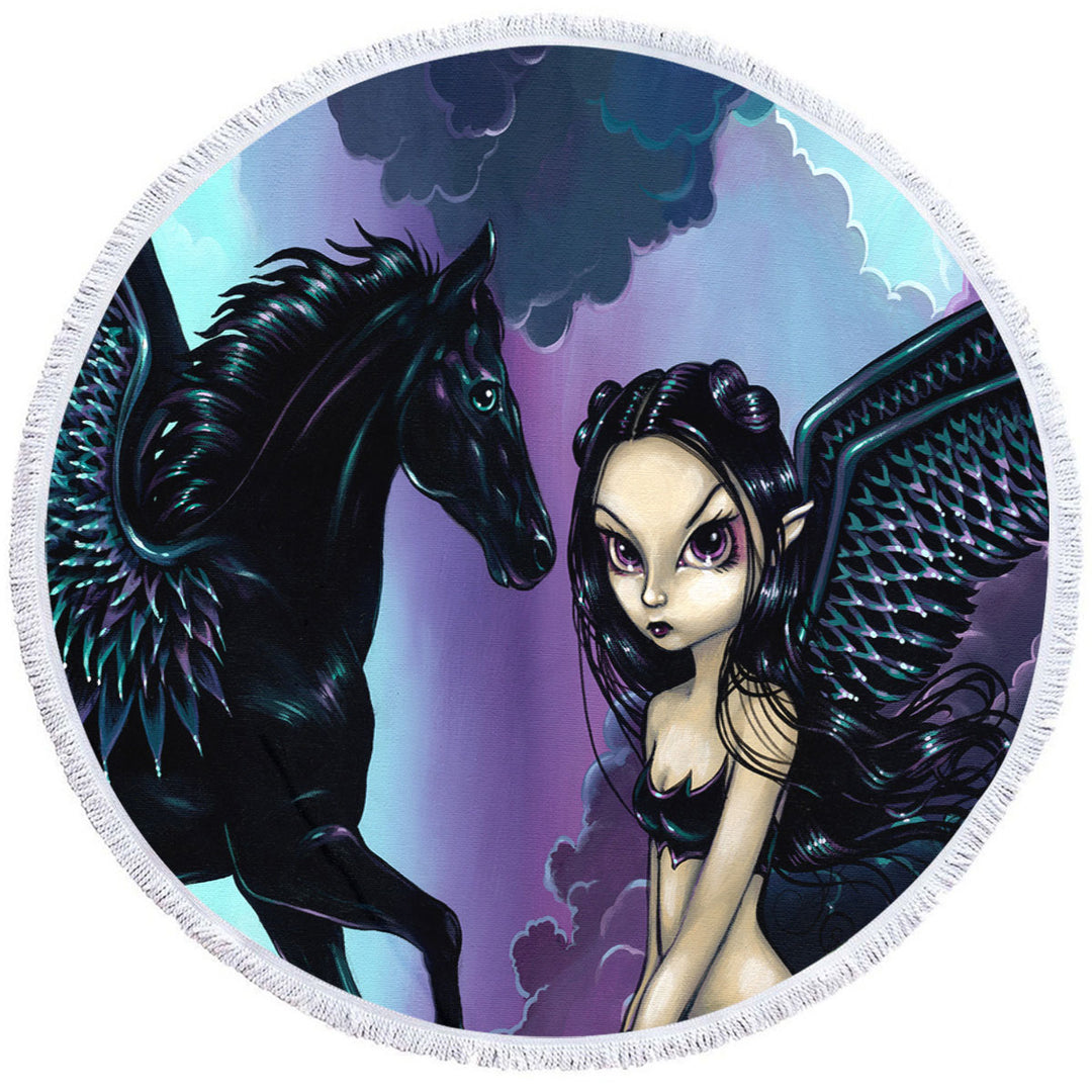 Black Wings Fairy and Dark Pegasus Round Beach Towel