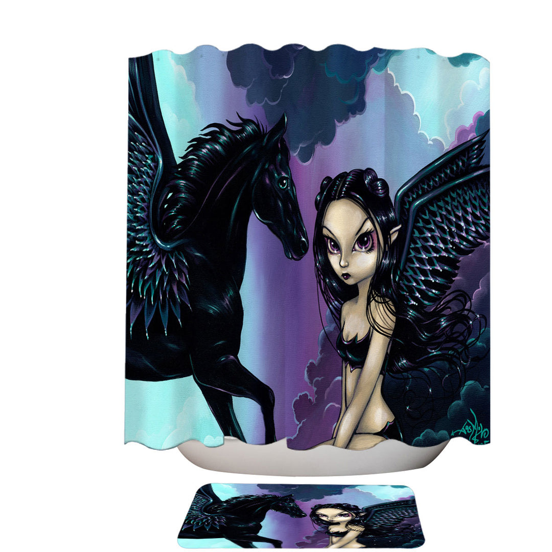 Black Wings Fairy and Dark Pegasus Shower Curtain