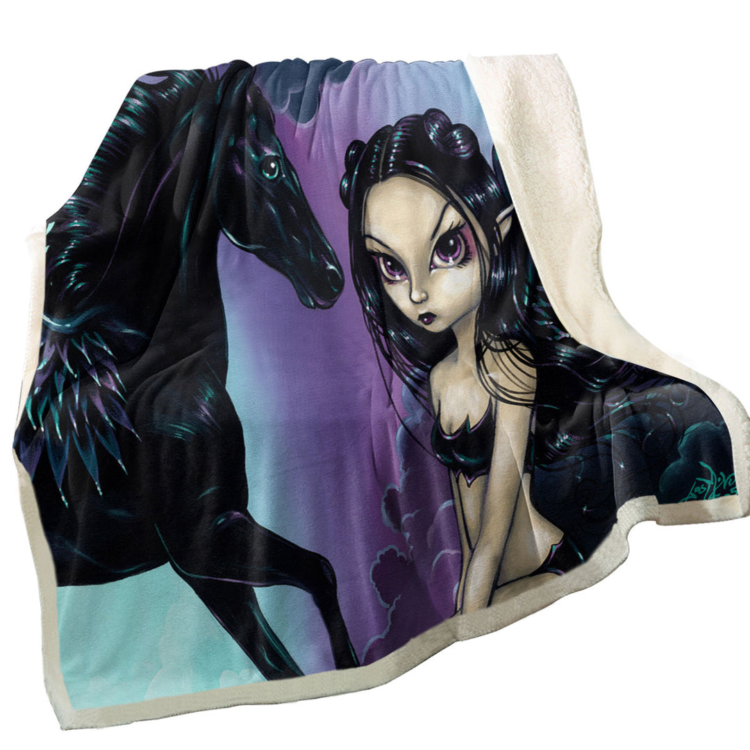 Black Wings Fairy and Dark Pegasus Throw Blanket