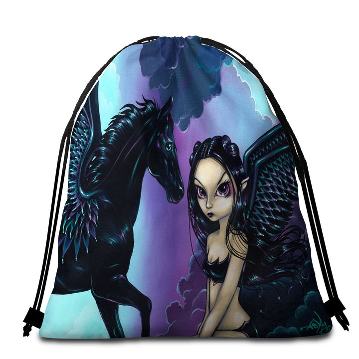 Black Wings Fairy and Dark Pegasus Travel Beach Towel