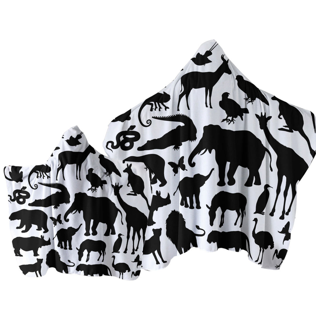 Black and White Animals Silhouettes Hooded Beach Towel