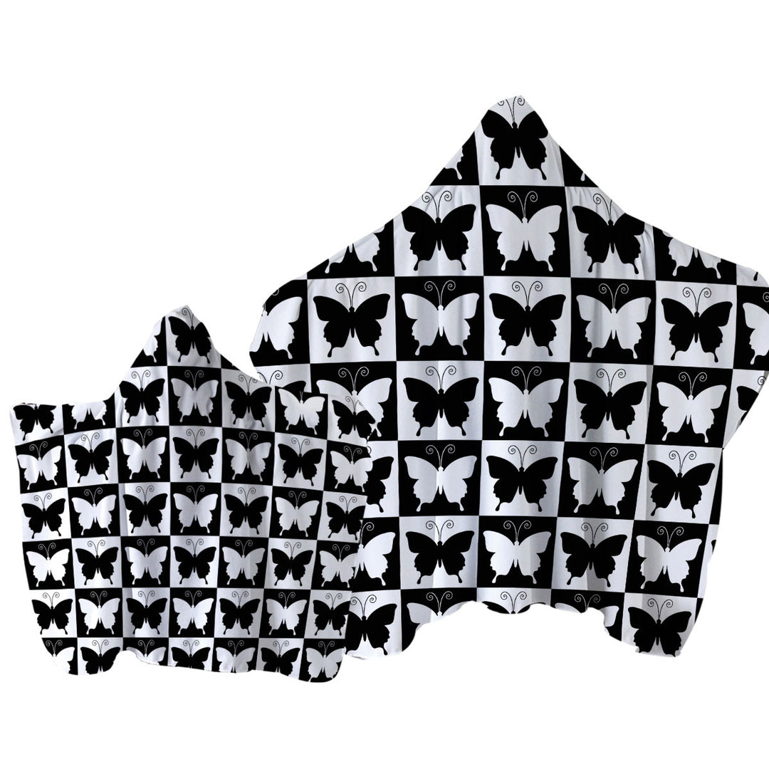 Black and White Checkered Butterflies Towel with Hood