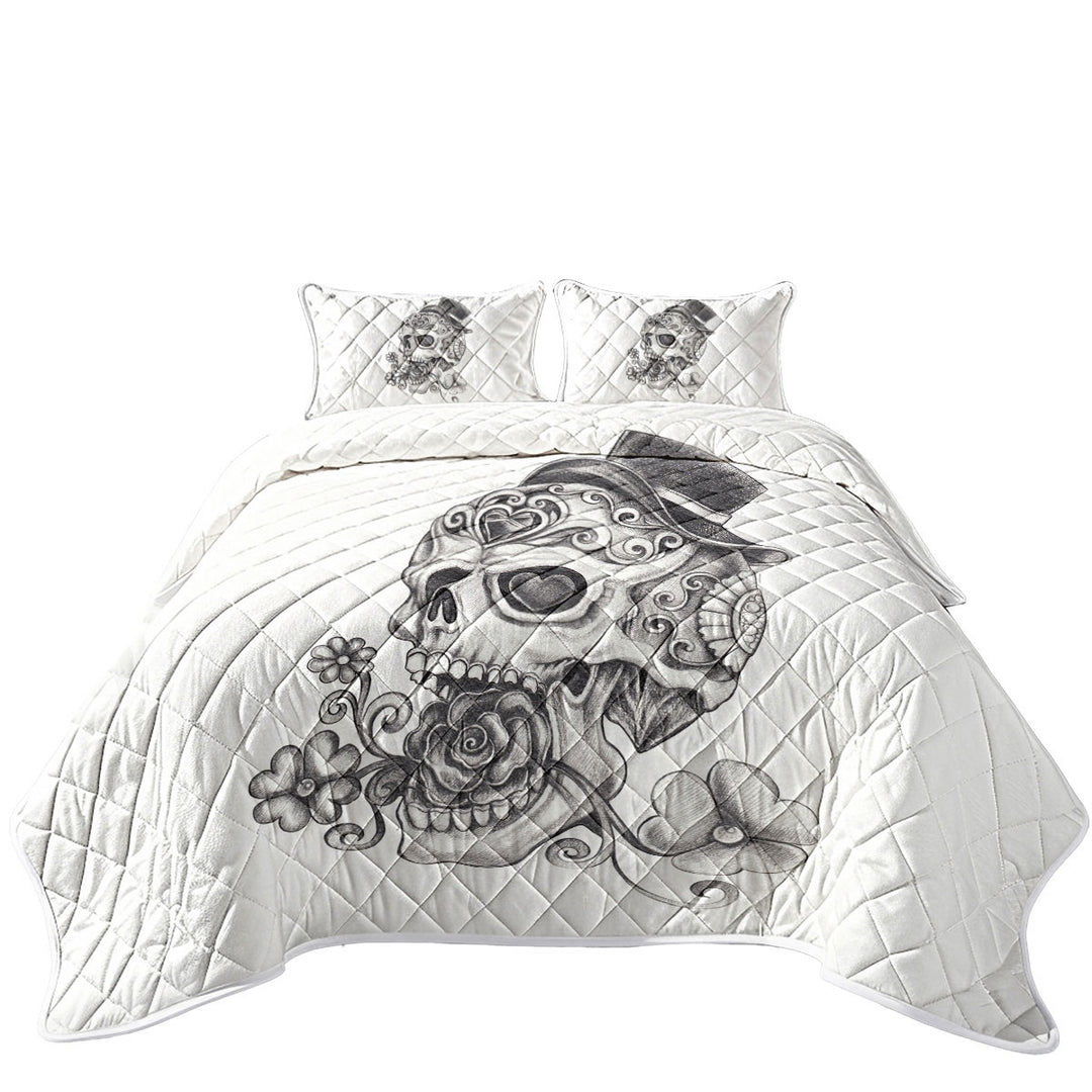 Black and White Pencil Skull Drawing Summer Quilt