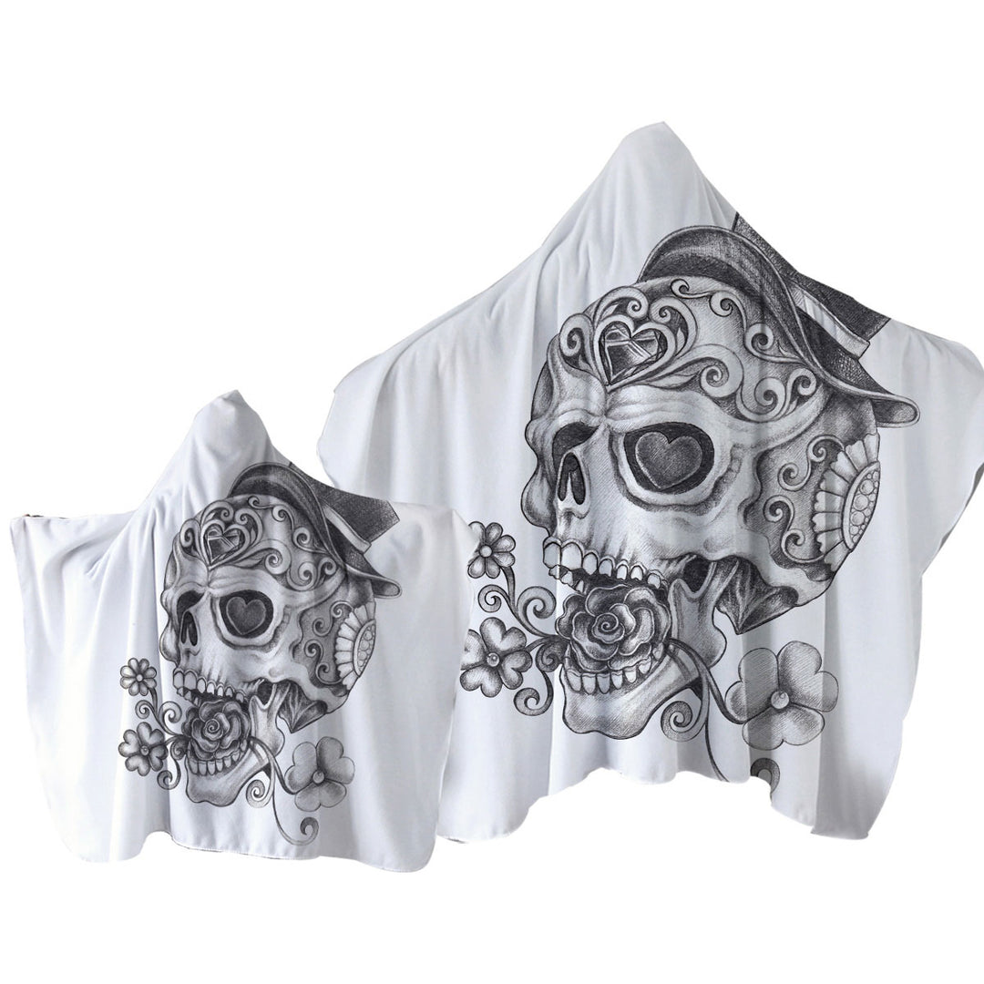 Black and White Pencil Skull Drawing Towel Hoodie