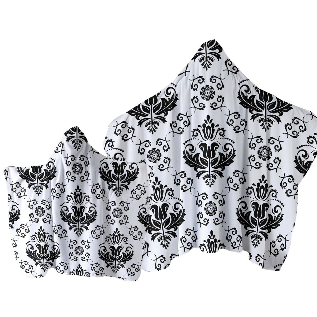 Black and White Royal Floral Hooded Beach Towel