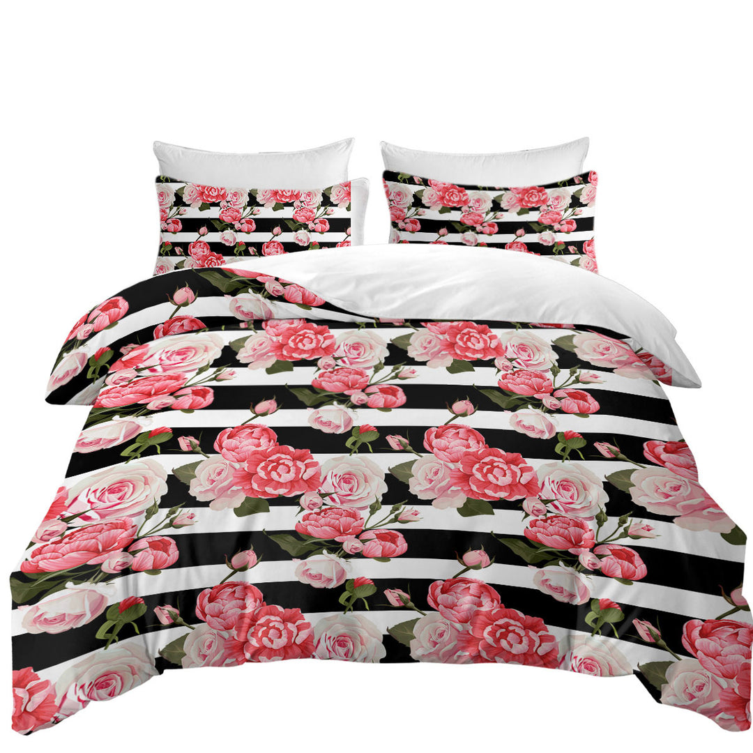 Black and White Stripes and Pinkish Roses Coverlet