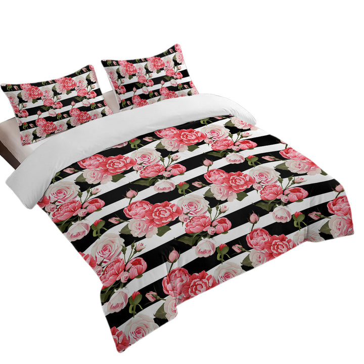 Black and White Stripes and Pinkish Roses Duvet Covers