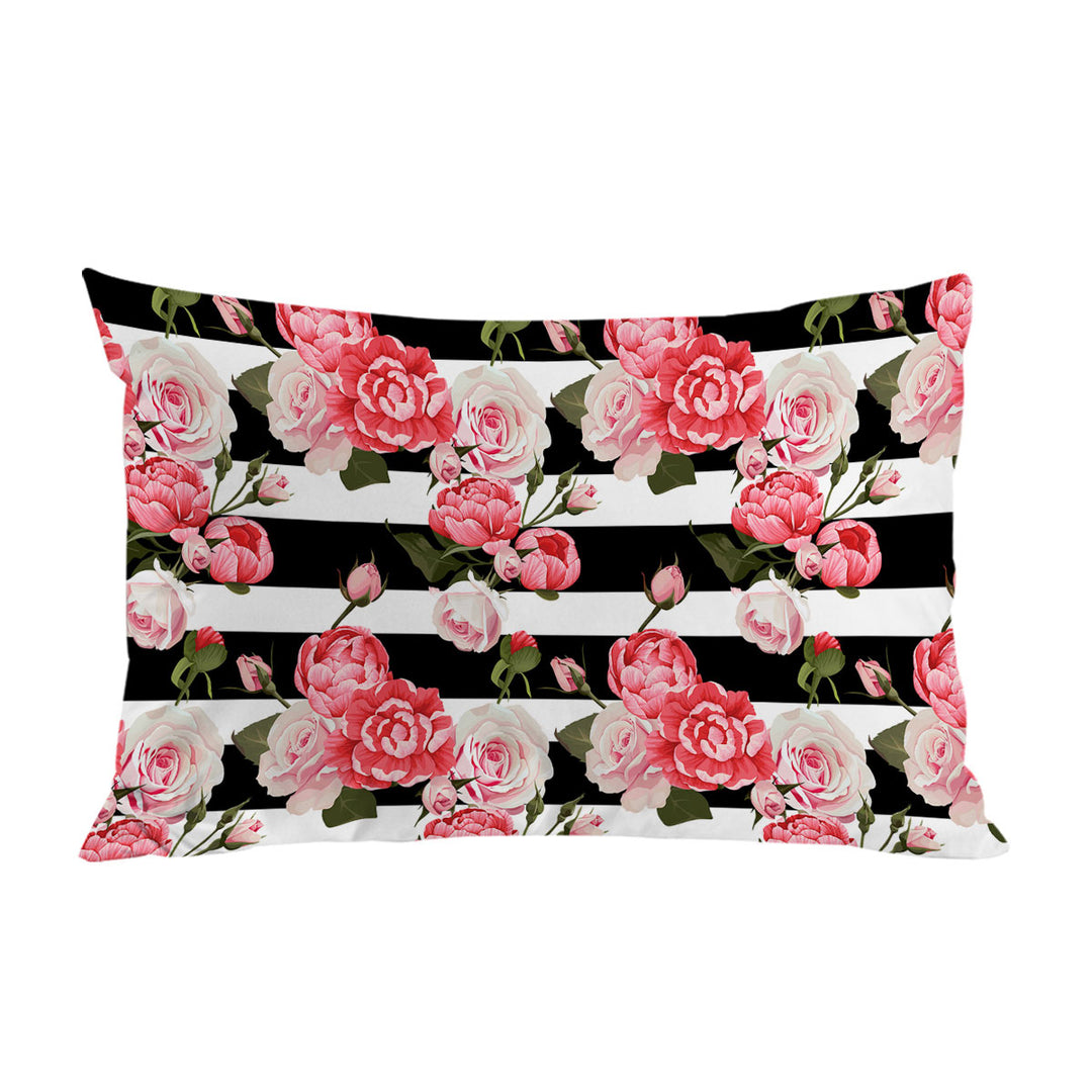 Black and White Stripes and Pinkish Roses Pillow Cases