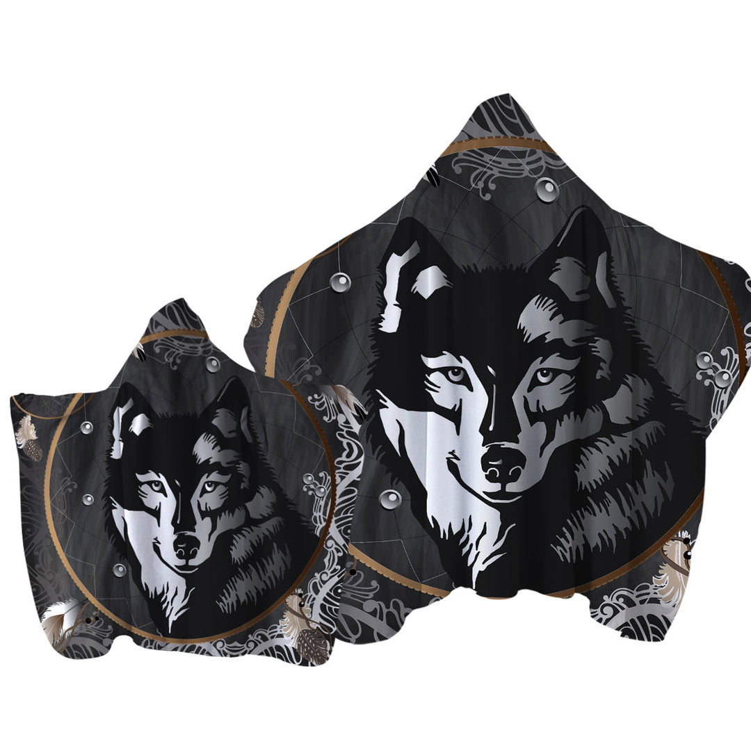 Black and White Wolf Portrait Towel Hoodie