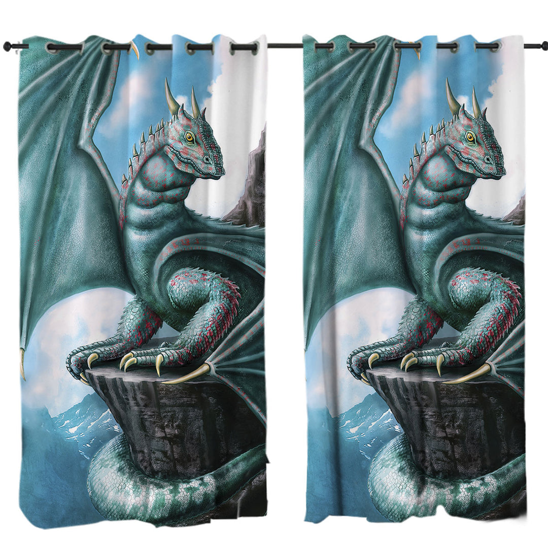 Blue Dragon Cliff Fantasy Art Curtain