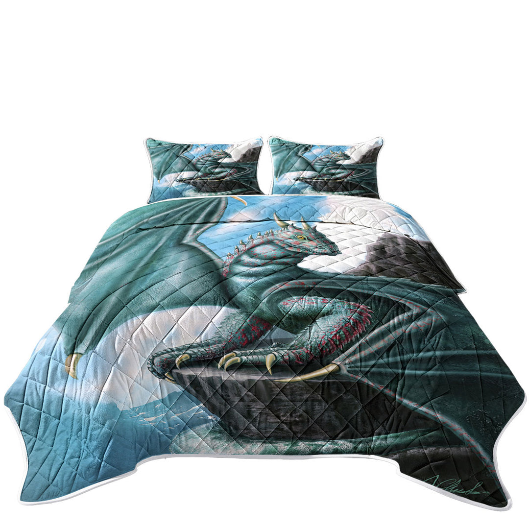 Blue Dragon Cliff Fantasy Art Twin Quilt